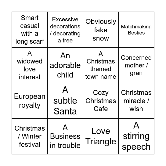 Cheesey Christmas Movie Bingo Card