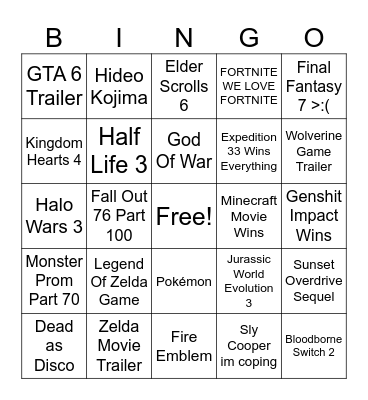 Game Awards 2025 Bingo Card