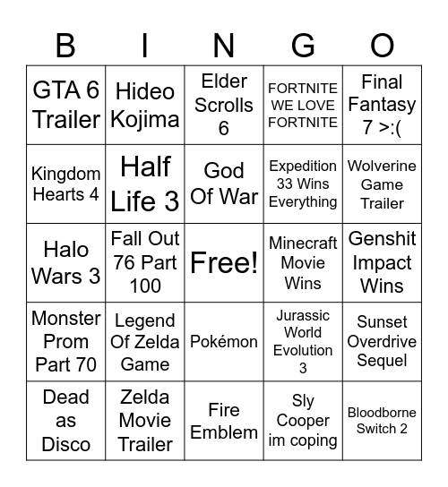 Game Awards 2025 Bingo Card