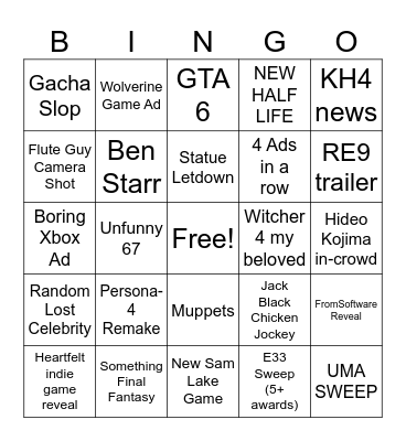 Game Awards Bingo Card
