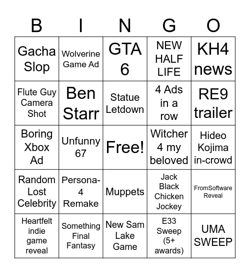 Game Awards Bingo Card