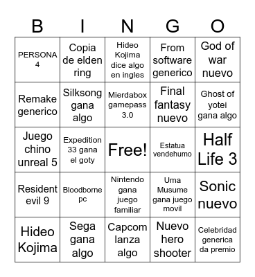 Game Awards 2025 Bingo Card