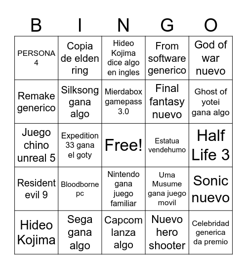 Game Awards 2025 Bingo Card