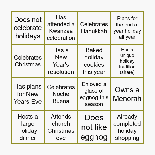 DEI Holiday BINGO Card