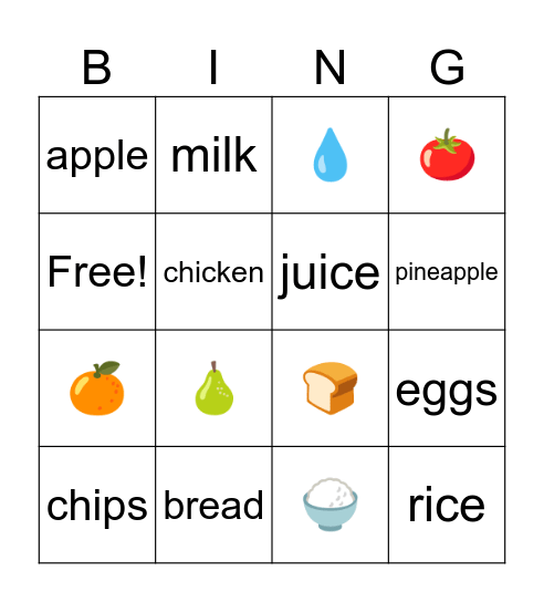 Food Bingo Card