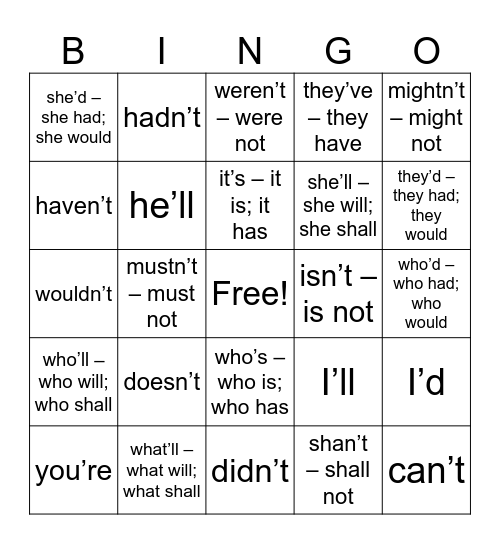 Contractions Bingo Card