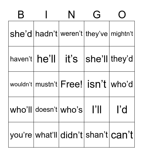 Contractions Bingo Card