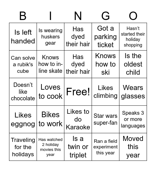 SBS Holiday Party BINGO Card