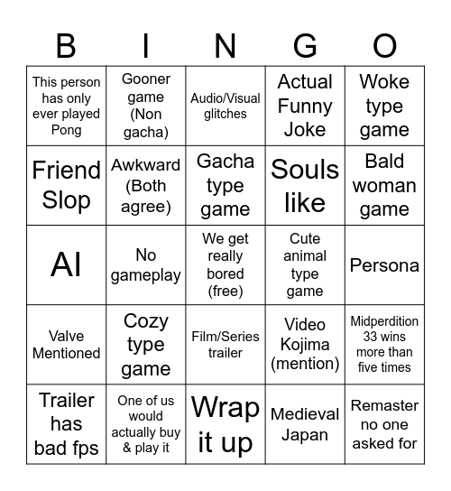 Kojima awards Bingo Card