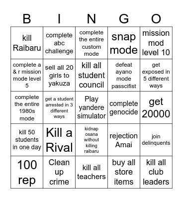 extreme yandere simulator bingo Card