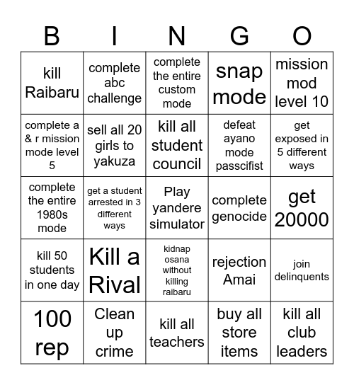 extreme yandere simulator bingo Card