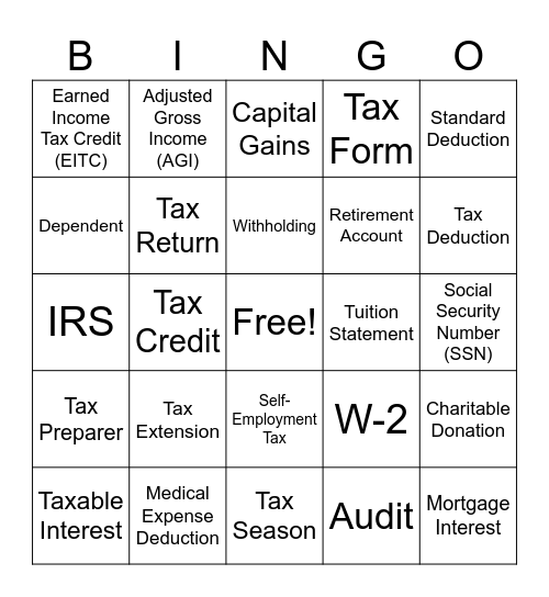Tax Terms Bingo Card