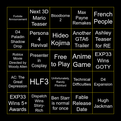 TGA 2025 Bingo Card