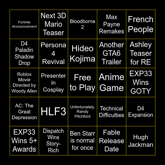 TGA 2025 Bingo Card