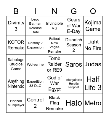 Game Awards Bingo Card