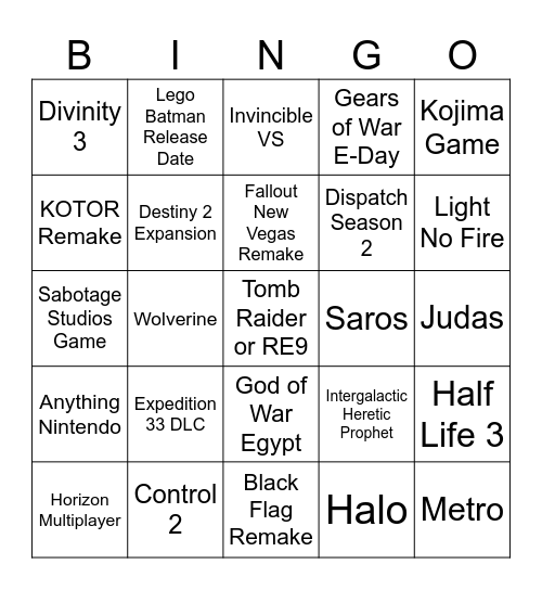 Game Awards Bingo Card
