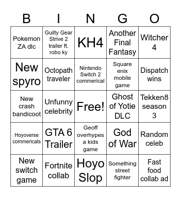 Game Awards 2025 Bingo Card