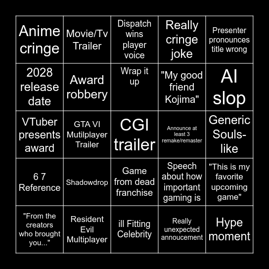Game Awards 2025 Bingo Card