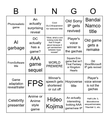 The Game Awards Bingo Card