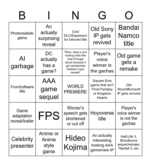 The Game Awards Bingo Card