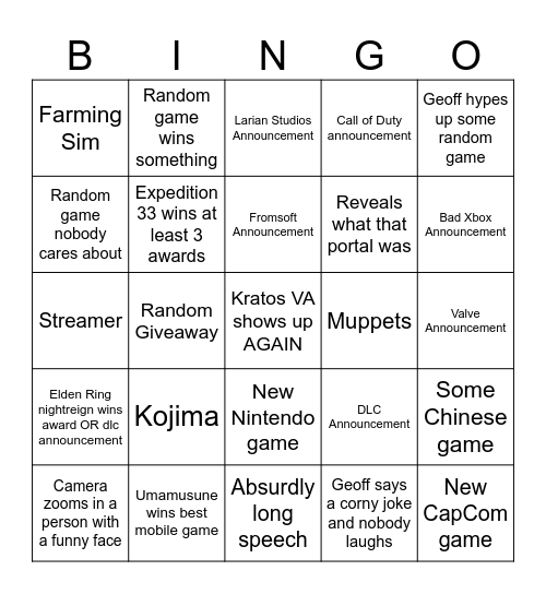TGA 2025 BINGO Card