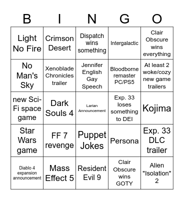 The Game Awards 2025 Bingo Card
