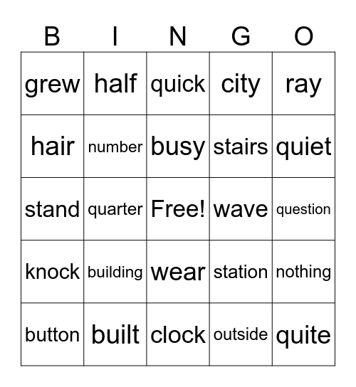 Vocabulary Bingo Card