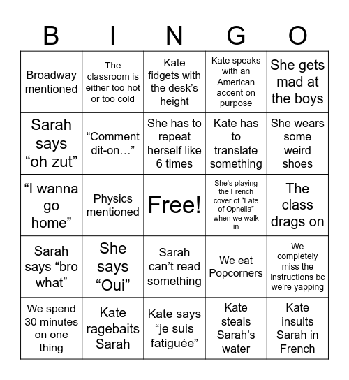 Oui oui Bingo Card