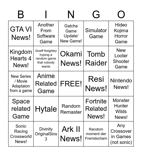 Game Awards Bingo Card
