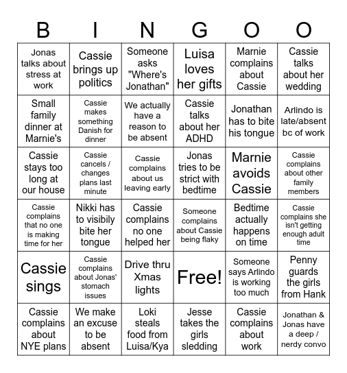 Cassie's Visit 2025 Bingo Card