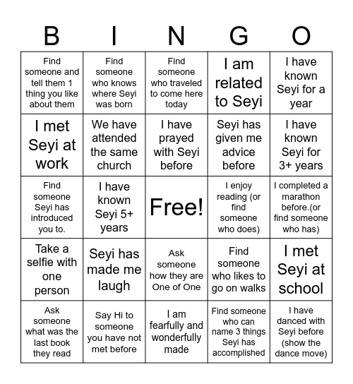 One of One Bingo Card