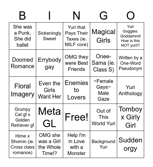 Yuri/GL Bingo Card
