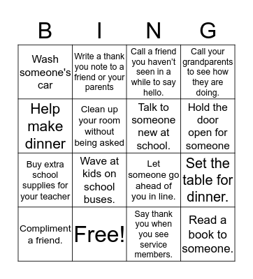 Generosity Bingo Card