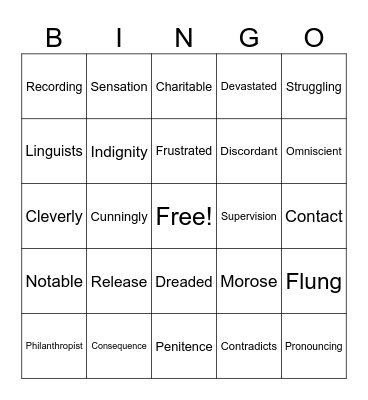 December Vocabulary Bingo Card