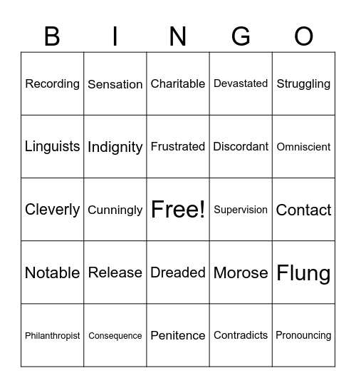 December Vocabulary Bingo Card