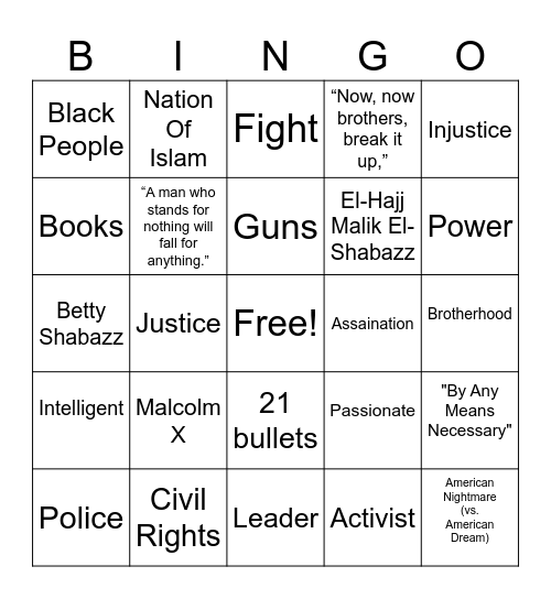 Malcolm X Bingo Card