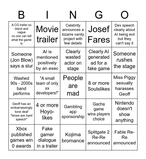 Game Awards 2025 Bingo Card