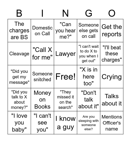 Jail Call Bingo Card