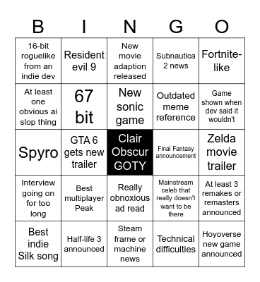 Game awards Bingo Card
