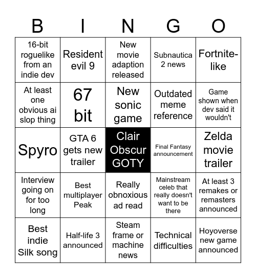 Game awards Bingo Card
