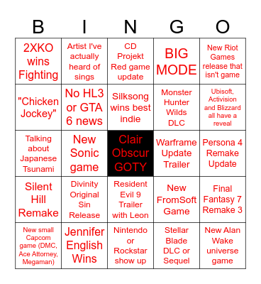 Game Awards Bingo Card