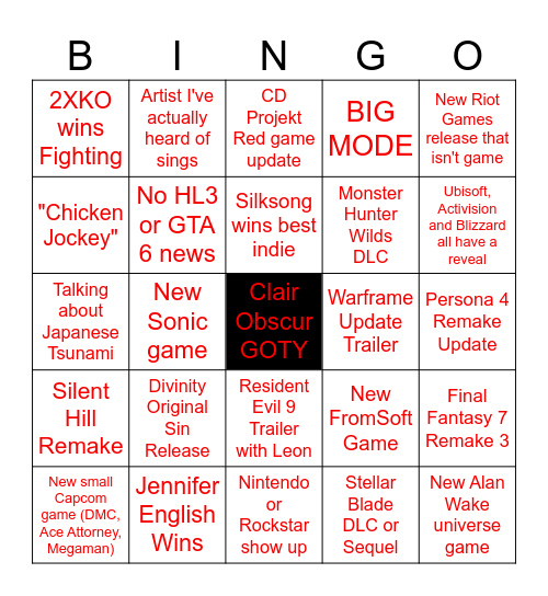 Game Awards Bingo Card