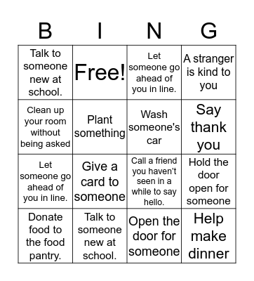 Generosity Bingo Card