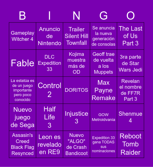 The Game Awards BINGO Card