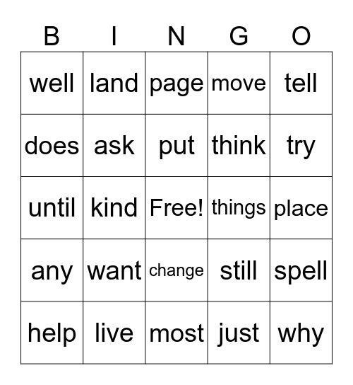 2nd Grade Red Words 1-24 Bingo Card