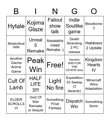 Game Awards 2025 Bingo Card