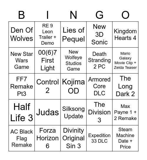 TGA 2025 Bingo Card