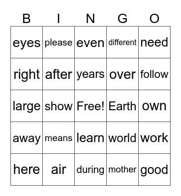 2nd Grade Red Words, 25-48 Bingo Card