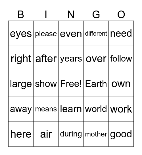 2nd Grade Red Words, 25-48 Bingo Card