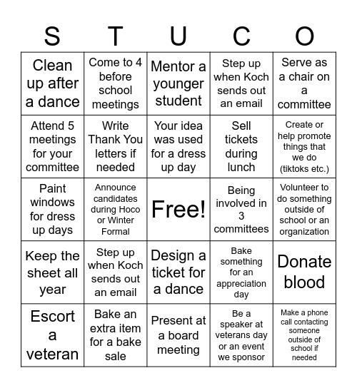 STUCO Bingo Card